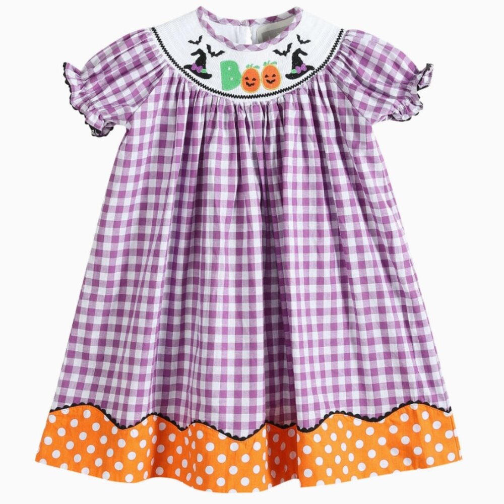Purple Gingham Boo Halloween Smocked Dress